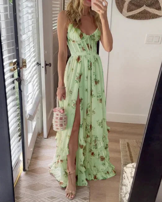 NOUVEAU RICHE Damen Sommerkleid – Floraler Blumendruck & Luftiges Tragegefühl Grün