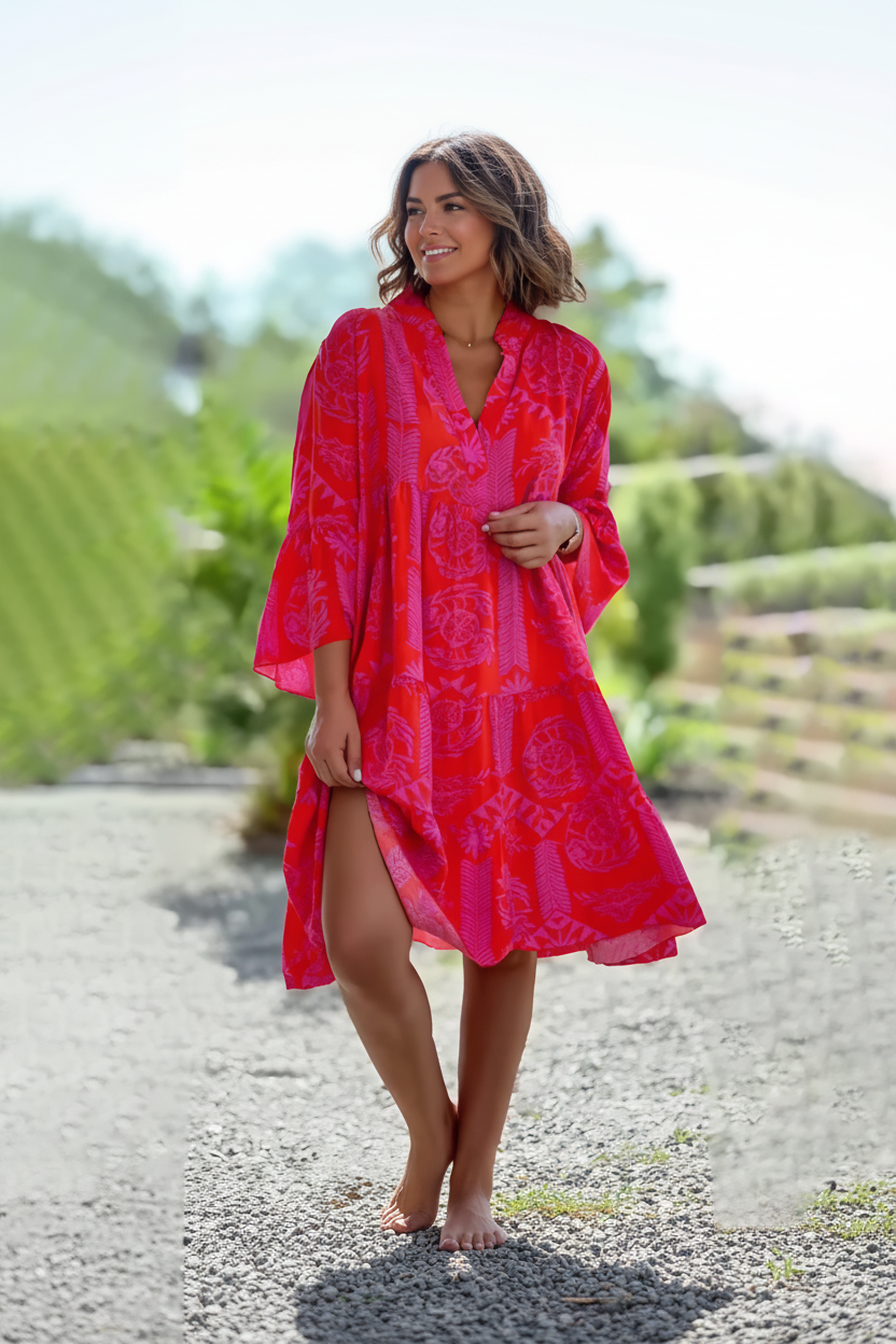 NOUVEAU RICHE Damen Sommerkleid – Halbärmlig & Stilvoll für warme Tage Rot