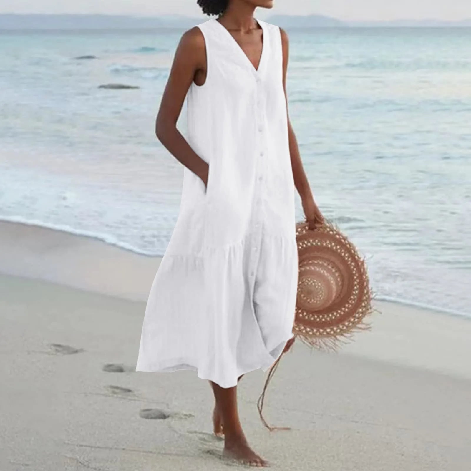 NOUVEAU RICHE Damen Midi-Sommerkleid – Leichtes Design & Durchgehende Knopfleiste Weiß