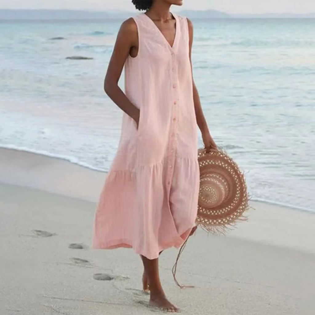 NOUVEAU RICHE Damen Midi-Sommerkleid – Leichtes Design & Durchgehende Knopfleiste Rosa