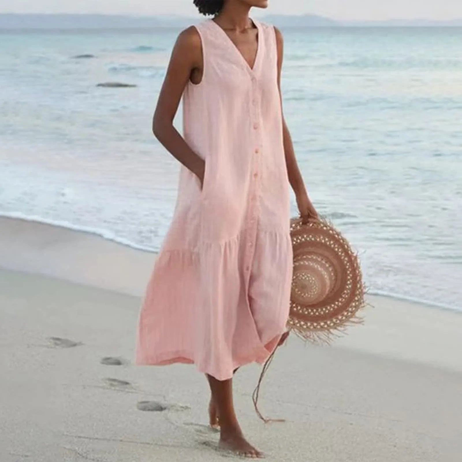 NOUVEAU RICHE Damen Midi-Sommerkleid – Leichtes Design & Durchgehende Knopfleiste Rosa