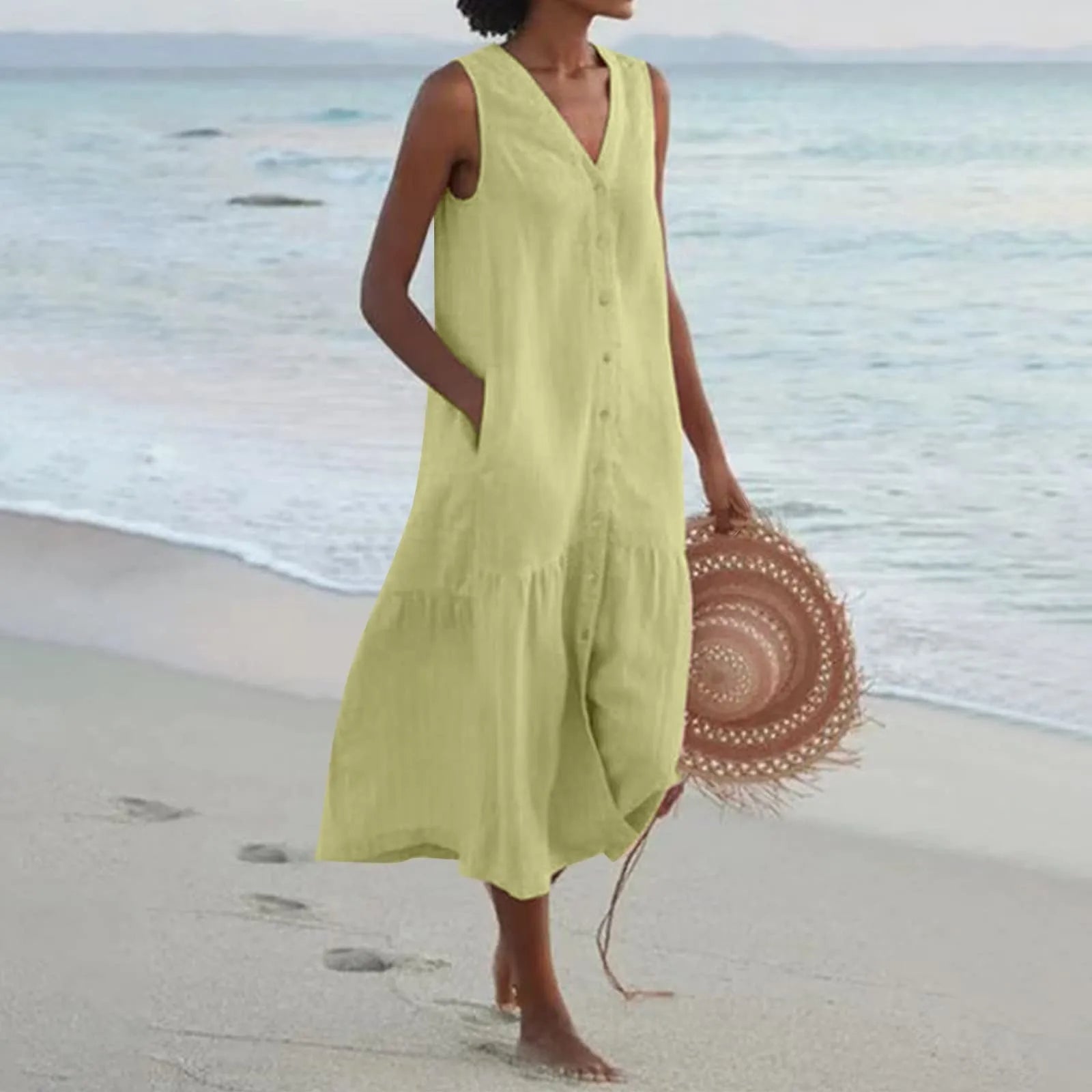 NOUVEAU RICHE Damen Midi-Sommerkleid – Leichtes Design & Durchgehende Knopfleiste Grün