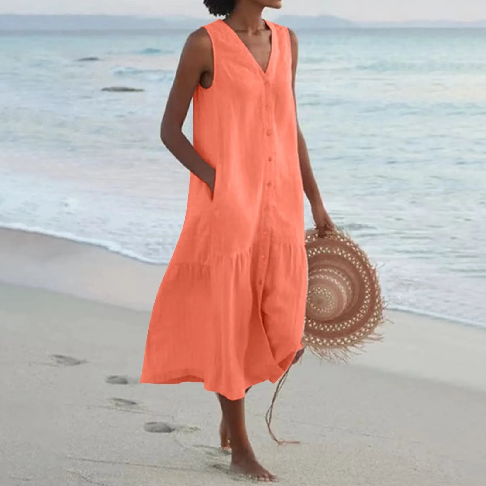 NOUVEAU RICHE Damen Midi-Sommerkleid – Leichtes Design & Durchgehende Knopfleiste Orange