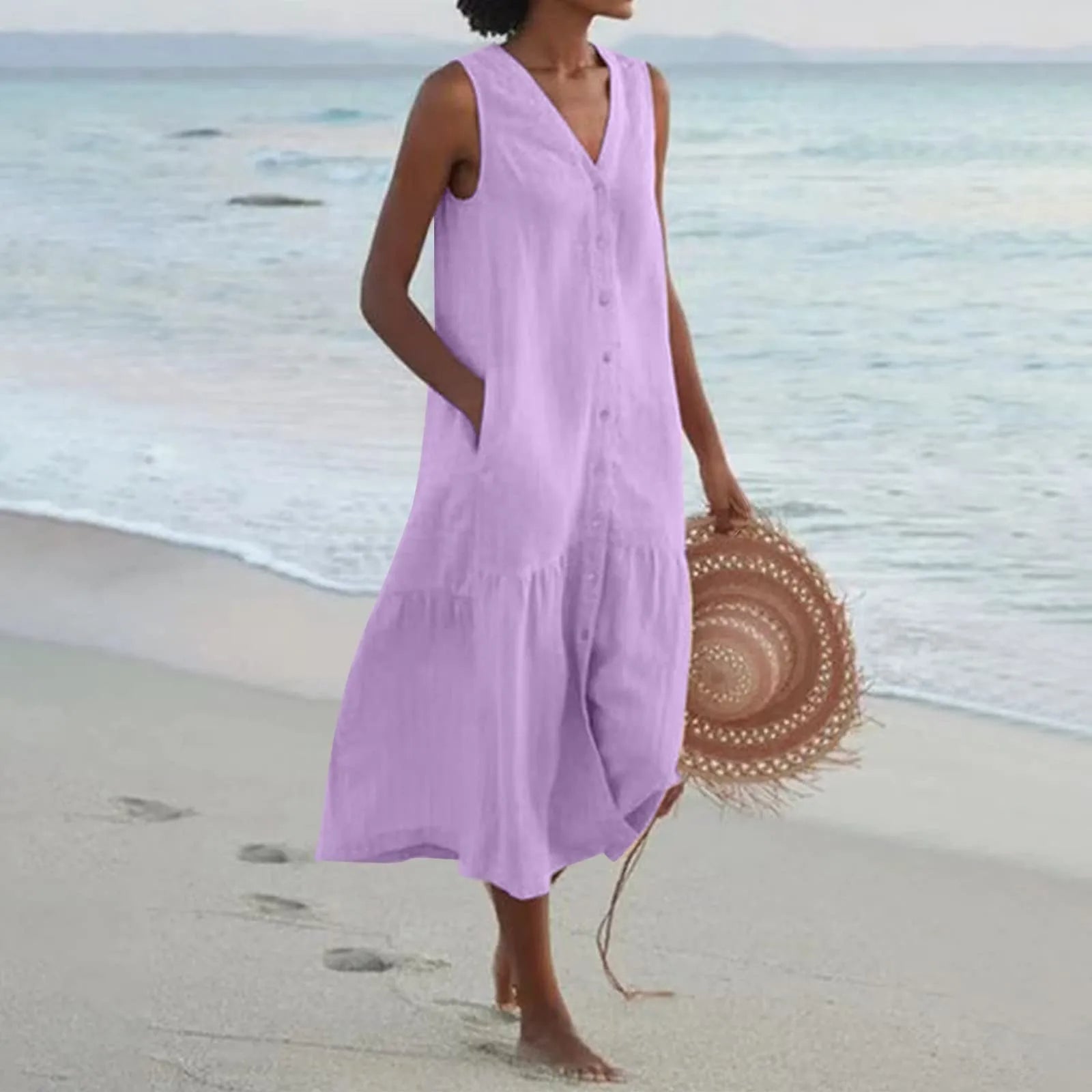 NOUVEAU RICHE Damen Midi-Sommerkleid – Leichtes Design & Durchgehende Knopfleiste Lila