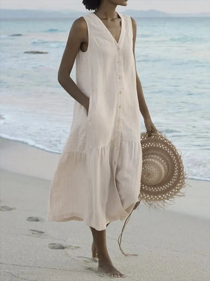 NOUVEAU RICHE Damen Midi-Sommerkleid – Leichtes Design & Durchgehende Knopfleiste Braun