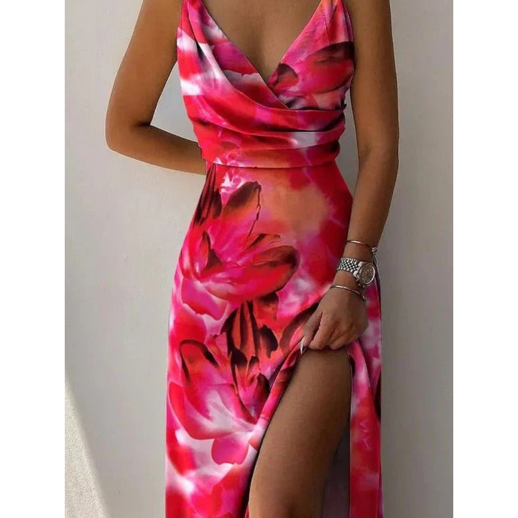 NOUVEAU RICHE Damen Maxi-Sommerkleid – Wickeldesign & Spaghettiträger Rosa
