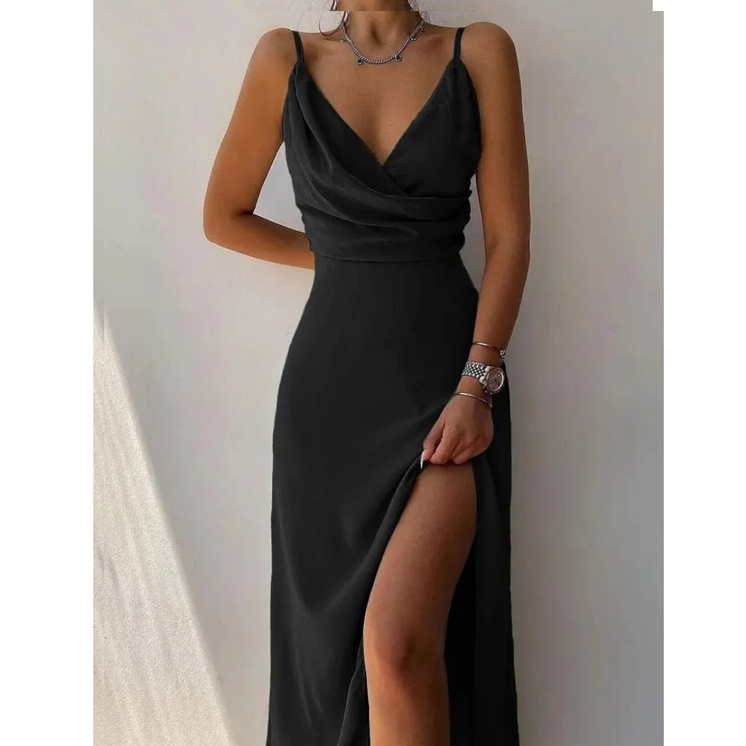 NOUVEAU RICHE Damen Maxi-Sommerkleid – Wickeldesign & Spaghettiträger Schwarz