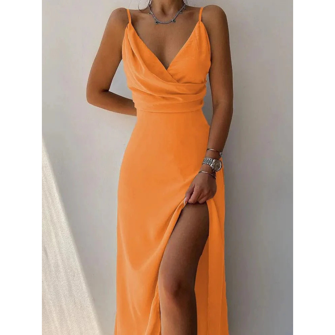 NOUVEAU RICHE Damen Maxi-Sommerkleid – Wickeldesign & Spaghettiträger Orange