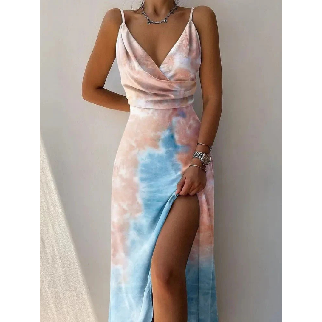 NOUVEAU RICHE Damen Maxi-Sommerkleid – Wickeldesign & Spaghettiträger Hell Rosa