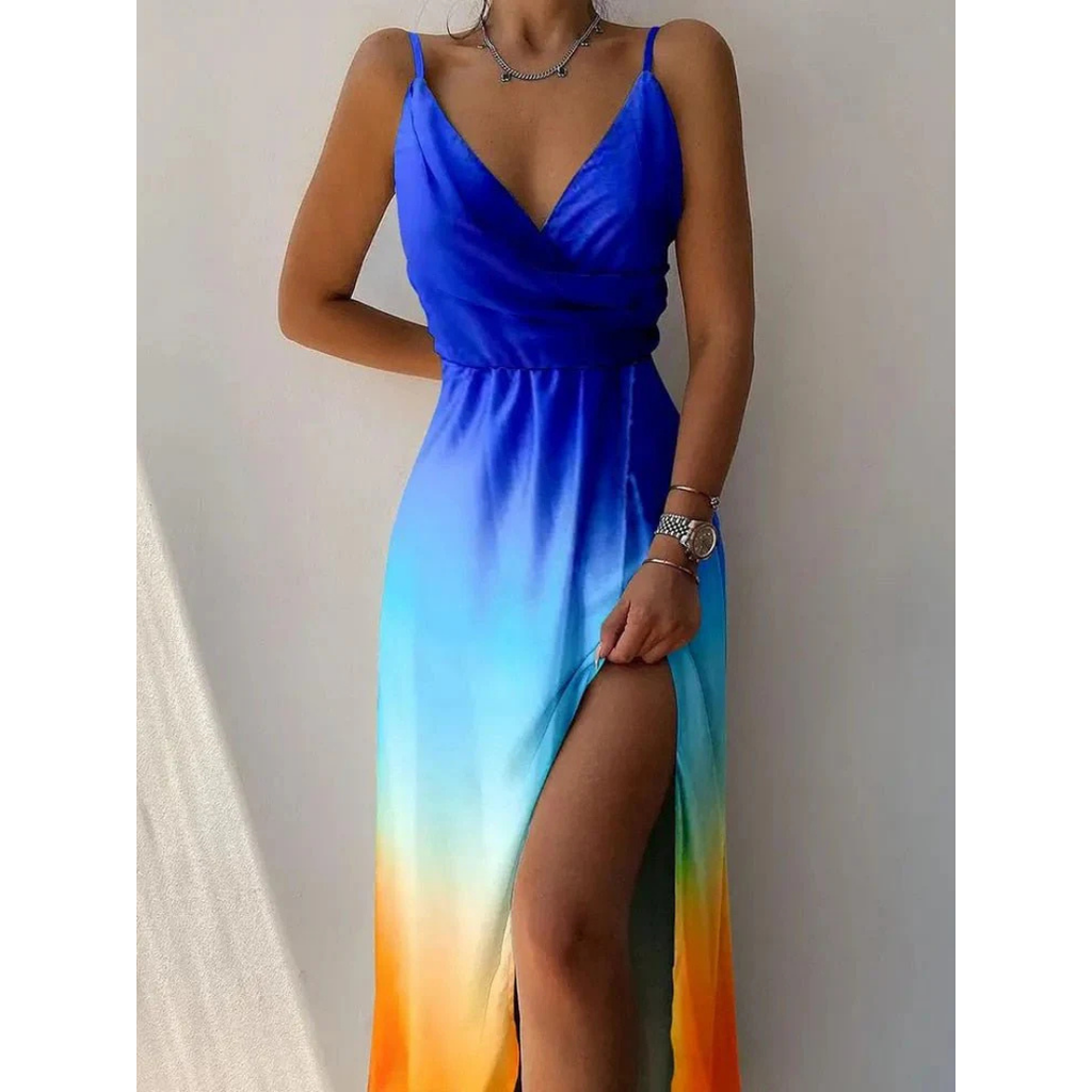 NOUVEAU RICHE Damen Maxi-Sommerkleid – Wickeldesign & Spaghettiträger Blau