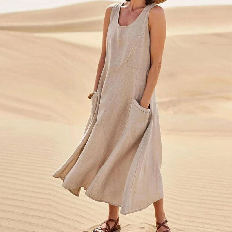 NOUVEAU RICHE Damen Midi-Sommerkleid – Rundhalsausschnitt & Klassischer Schnitt Khaki