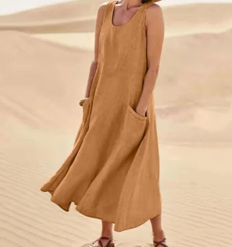 NOUVEAU RICHE Damen Midi-Sommerkleid – Rundhalsausschnitt & Klassischer Schnitt Braun