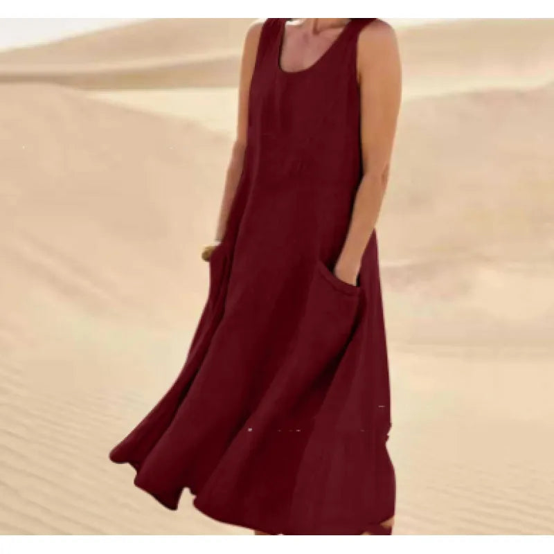 NOUVEAU RICHE Damen Midi-Sommerkleid – Rundhalsausschnitt & Klassischer Schnitt Weinrot