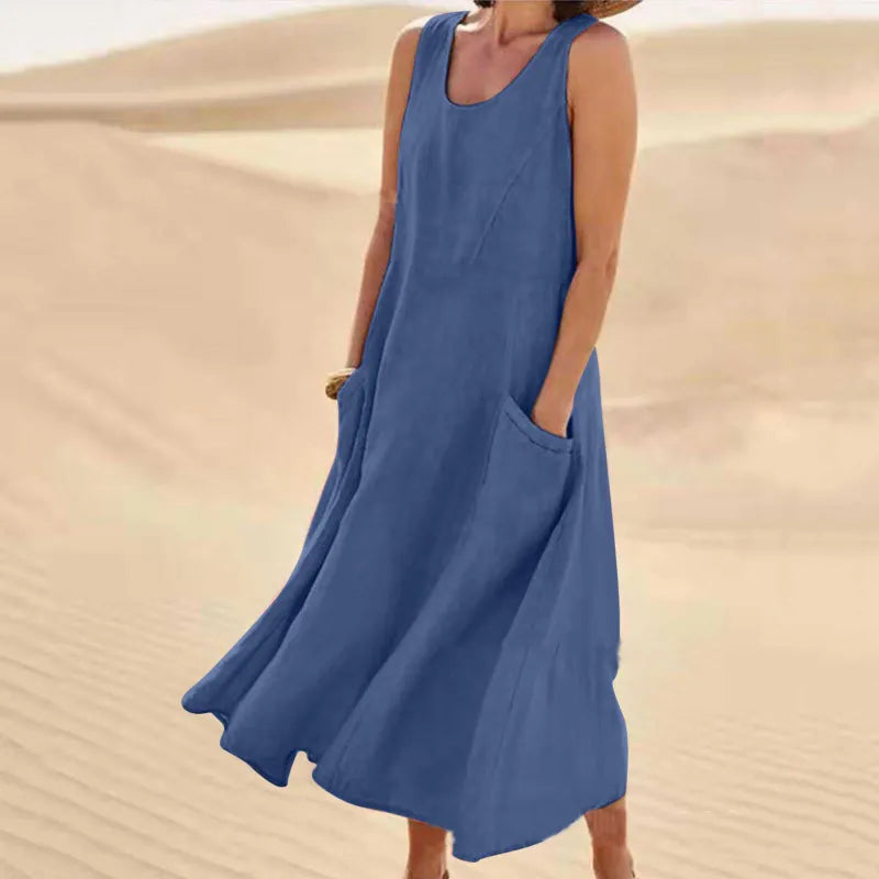 NOUVEAU RICHE Damen Midi-Sommerkleid – Rundhalsausschnitt & Klassischer Schnitt Dunkelblau