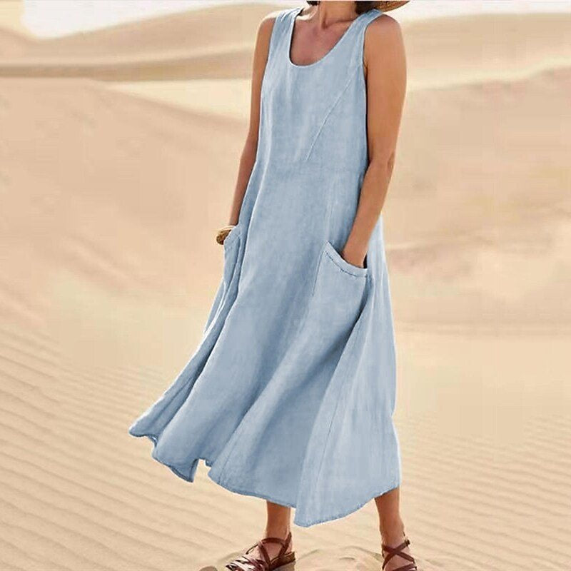 NOUVEAU RICHE Damen Midi-Sommerkleid – Rundhalsausschnitt & Klassischer Schnitt Hellblau