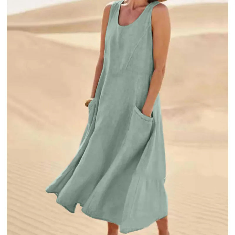 NOUVEAU RICHE Damen Midi-Sommerkleid – Rundhalsausschnitt & Klassischer Schnitt Grün