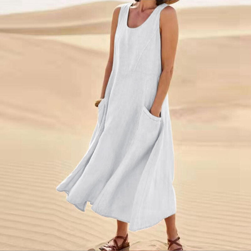 NOUVEAU RICHE Damen Midi-Sommerkleid – Rundhalsausschnitt & Klassischer Schnitt Weiß