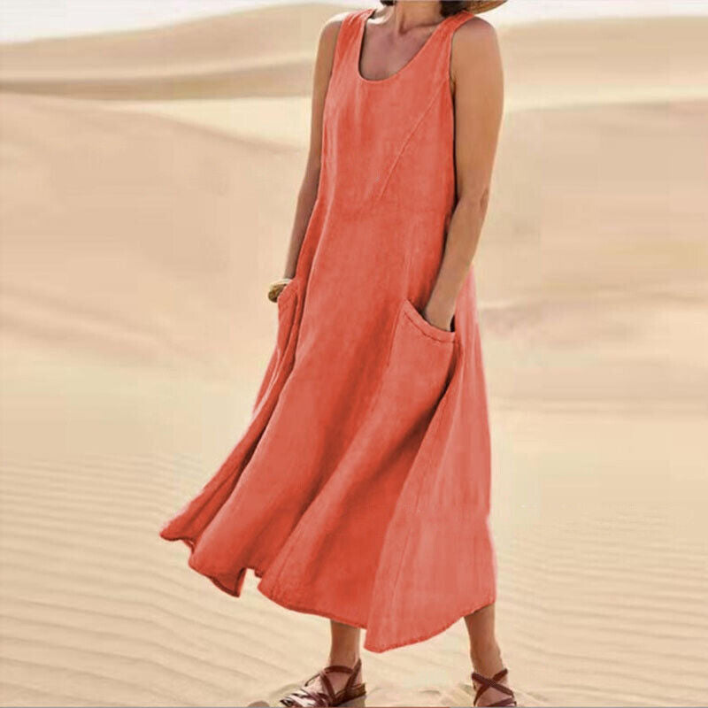 NOUVEAU RICHE Damen Midi-Sommerkleid – Rundhalsausschnitt & Klassischer Schnitt Orange