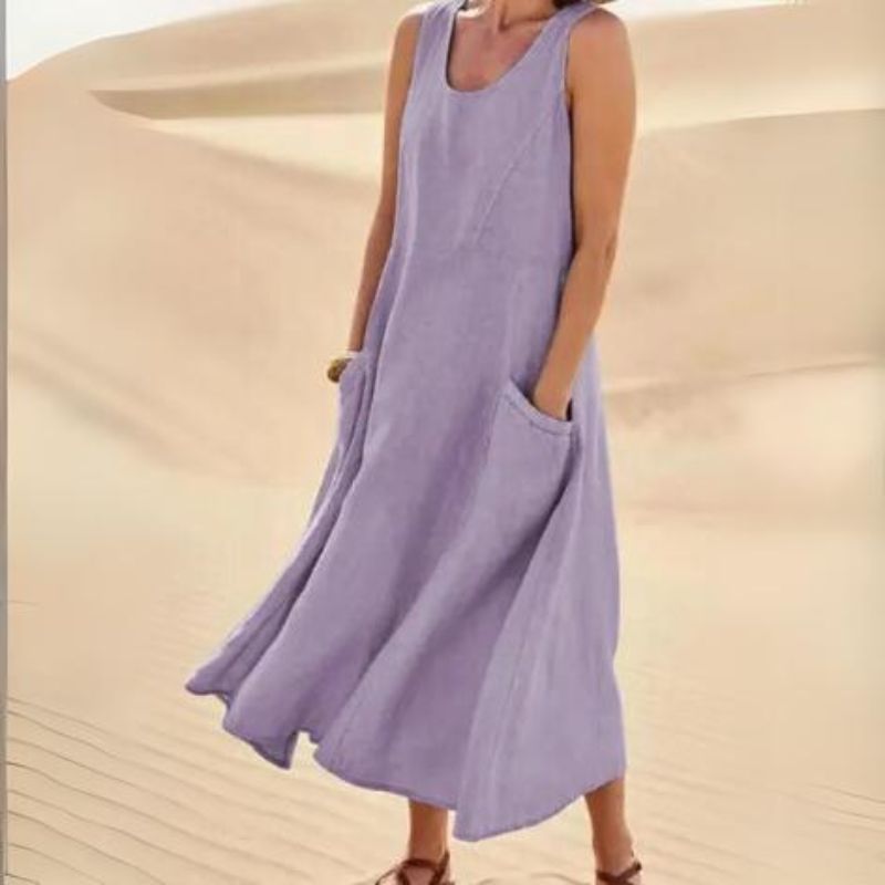NOUVEAU RICHE Damen Midi-Sommerkleid – Rundhalsausschnitt & Klassischer Schnitt Lila