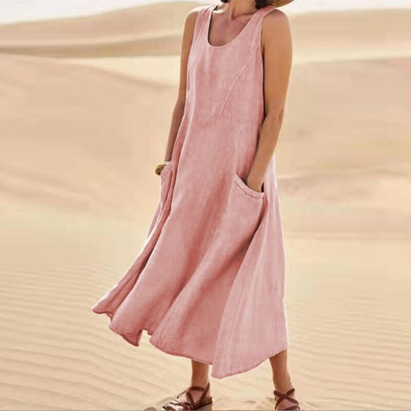 NOUVEAU RICHE Damen Midi-Sommerkleid – Rundhalsausschnitt & Klassischer Schnitt Rosa
