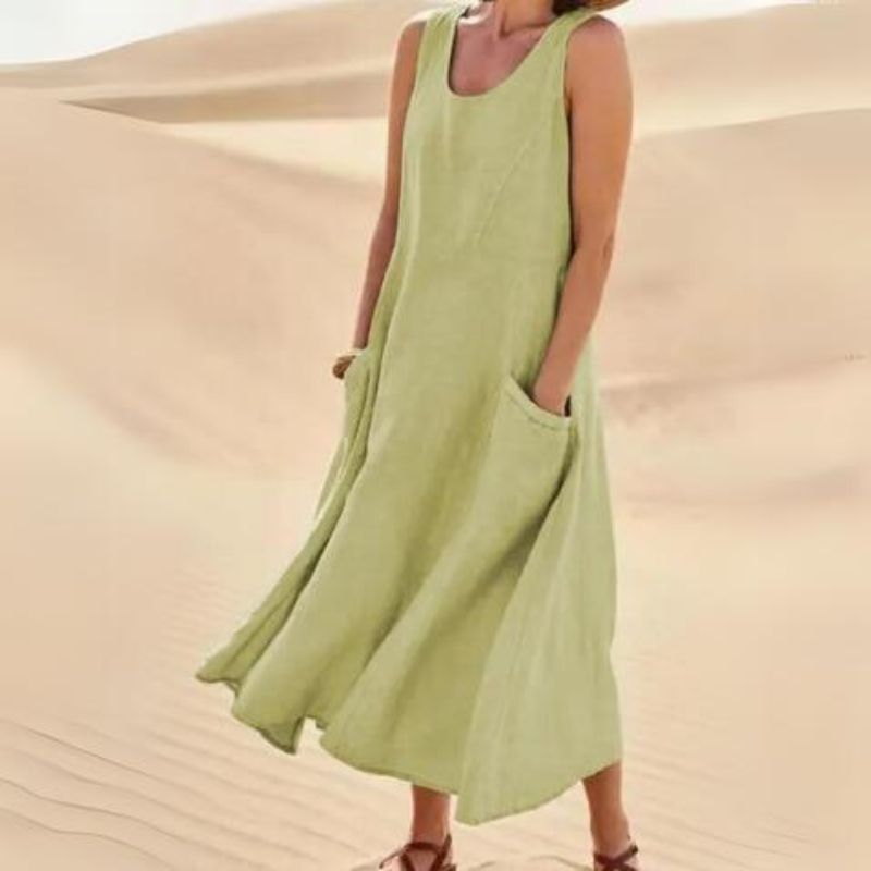 NOUVEAU RICHE Damen Midi-Sommerkleid – Rundhalsausschnitt & Klassischer Schnitt Hellgrün