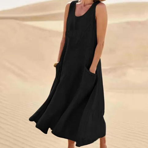 NOUVEAU RICHE Damen Midi-Sommerkleid – Rundhalsausschnitt & Klassischer Schnitt Schwarz