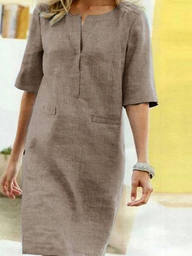 NOUVEAU RICHE Sommerliches Baumwollmix Kleid V Ausschnitt Passform Hellbraun