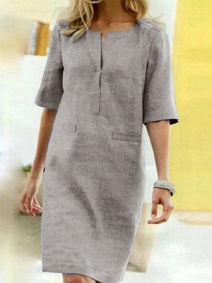 NOUVEAU RICHE Sommerliches Baumwollmix Kleid V Ausschnitt Passform Hellgrau