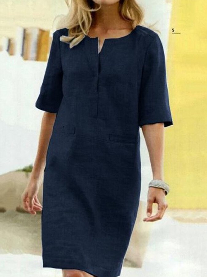 NOUVEAU RICHE Sommerliches Baumwollmix Kleid V Ausschnitt Passform Marineblau