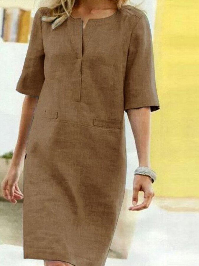 NOUVEAU RICHE Sommerliches Baumwollmix Kleid V Ausschnitt Passform Braun