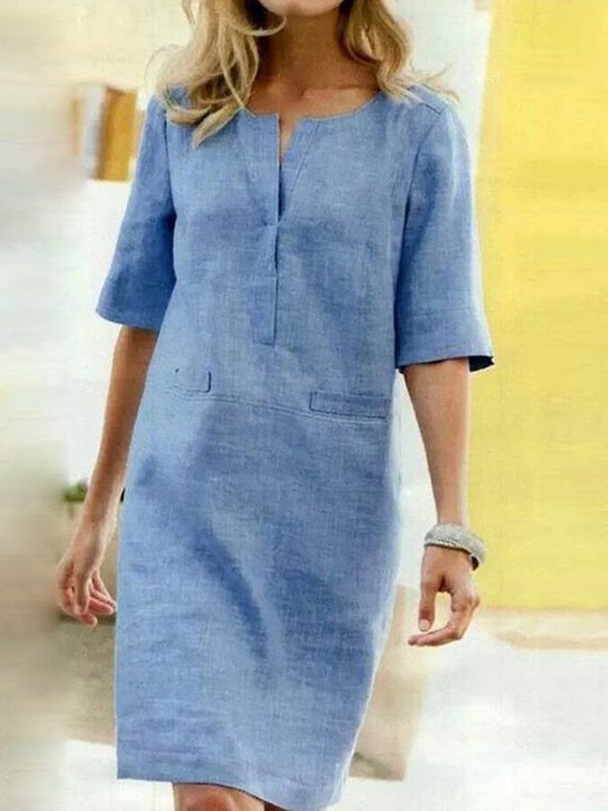 NOUVEAU RICHE Sommerliches Baumwollmix Kleid V Ausschnitt Passform Himmelblau