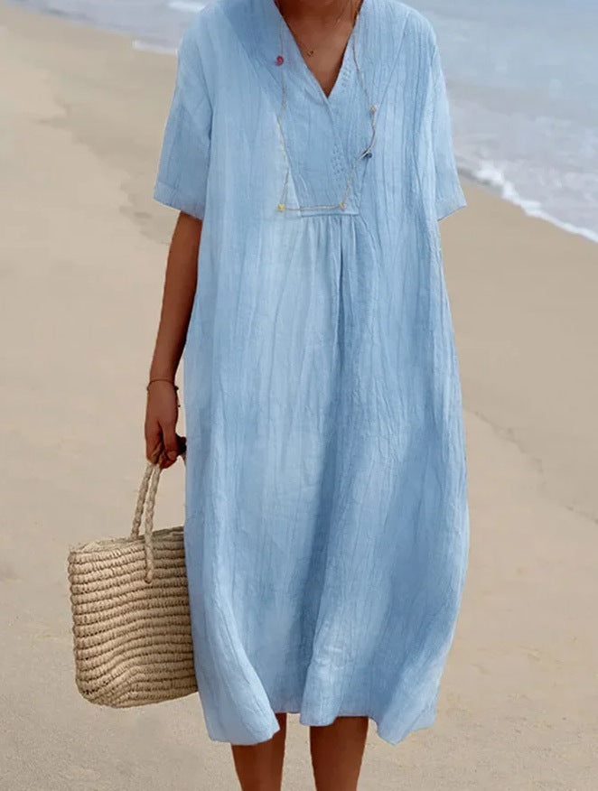 NOUVEAU RICHE Sommerliches Midikleid Aus Baumwollmischung Mit V Ausschnitt Blau
