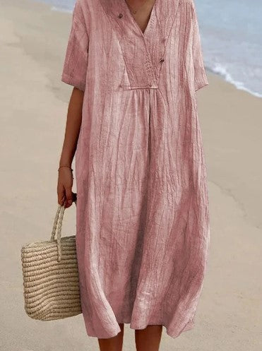 NOUVEAU RICHE Sommerliches Midikleid Aus Baumwollmischung Mit V Ausschnitt Rosa