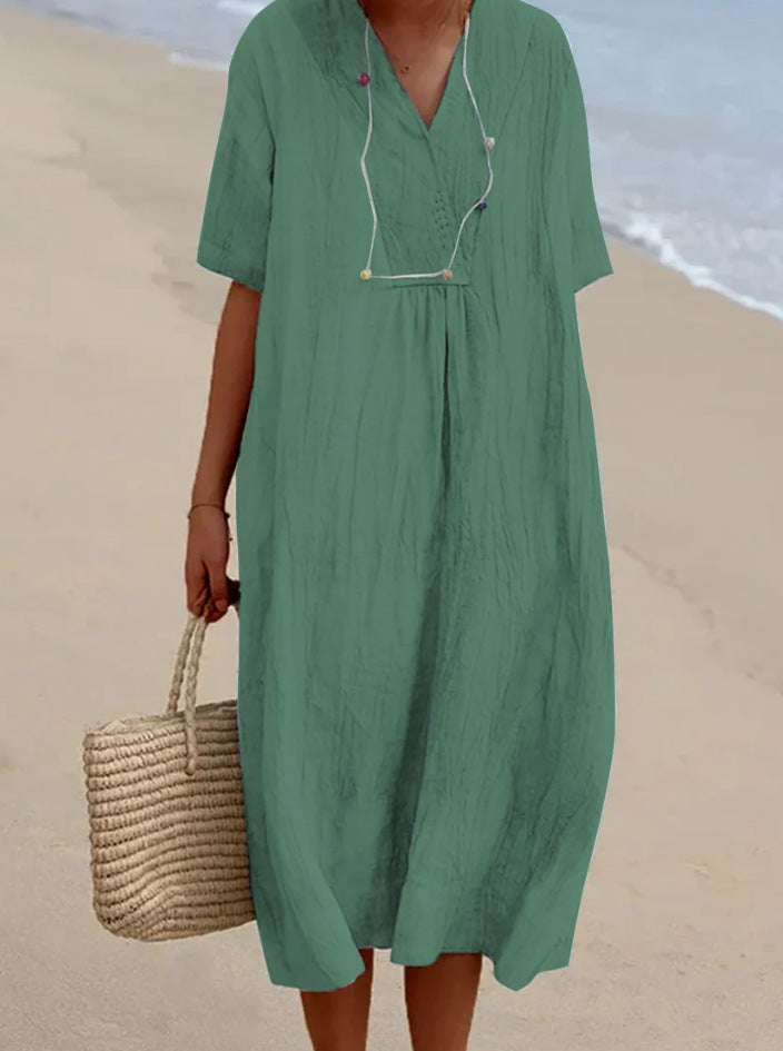 NOUVEAU RICHE Sommerliches Midikleid Aus Baumwollmischung Mit V Ausschnitt Grün