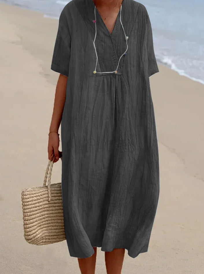 NOUVEAU RICHE Sommerliches Midikleid Aus Baumwollmischung Mit V Ausschnitt Dunkelgrau