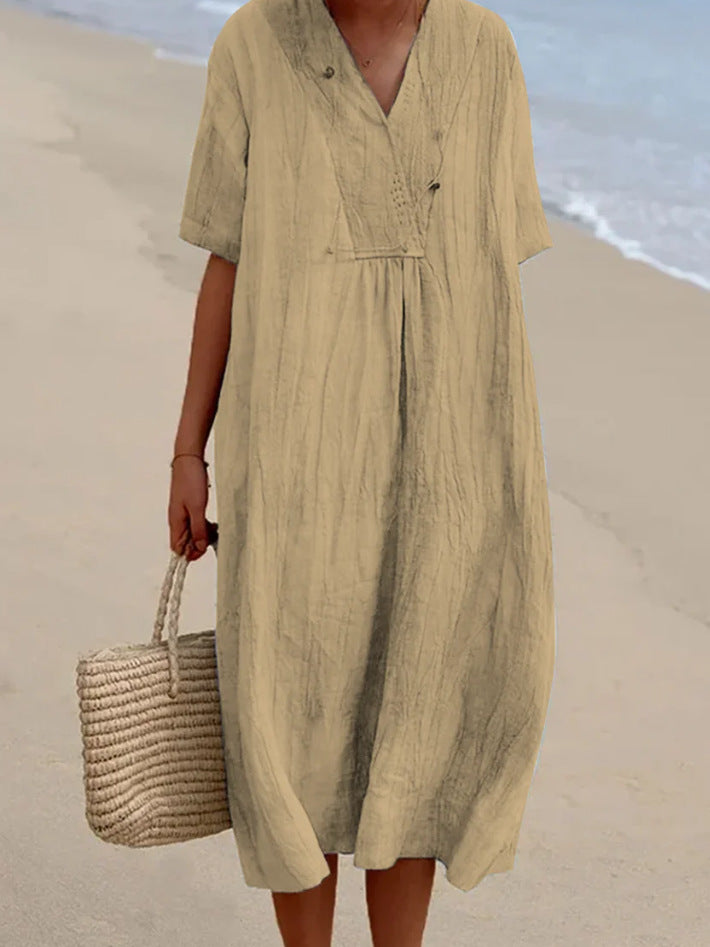 NOUVEAU RICHE Sommerliches Midikleid Aus Baumwollmischung Mit V Ausschnitt Khaki