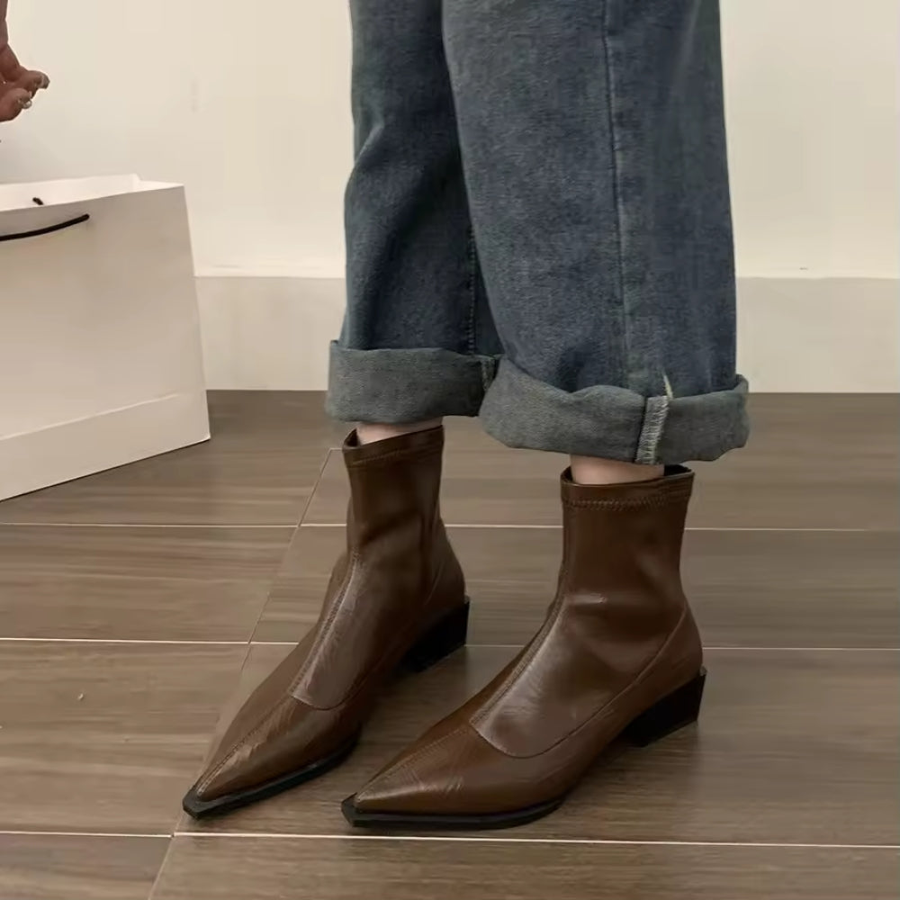 NOUVEAU RICHE Damen Spitze Stiefeletten Knöchelhohen Spitz Zulaufende Tragegefühl Braun