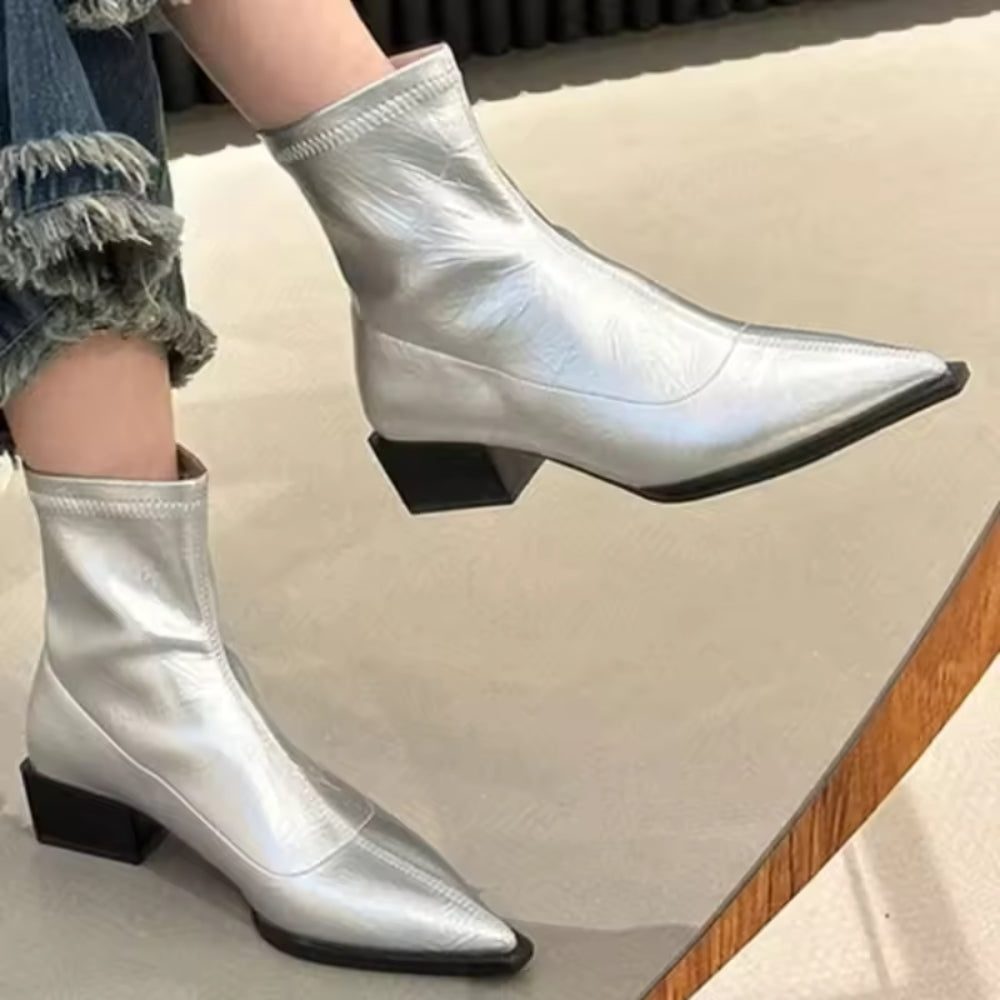 NOUVEAU RICHE Damen Spitze Stiefeletten Knöchelhohen Spitz Zulaufende Tragegefühl Silber