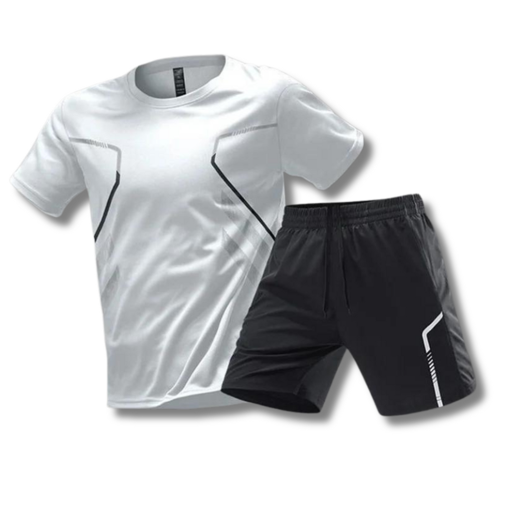 NOUVEAU RICHE Sport Set Herren – Atmungsaktives Trainingsset mit T-Shirt & Shorts, schnelltrocknend, 6 Farben, M–5XL – Hommes Weiss