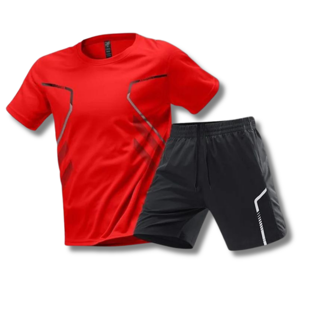 NOUVEAU RICHE Sport Set Herren – Atmungsaktives Trainingsset mit T-Shirt & Shorts, schnelltrocknend, 6 Farben, M–5XL – Hommes Rot