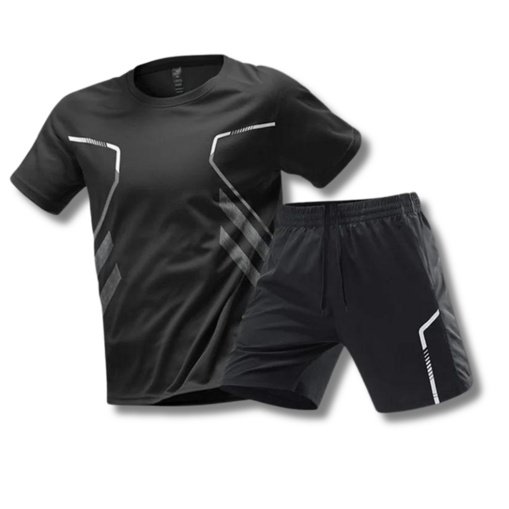 NOUVEAU RICHE Sport Set Herren – Atmungsaktives Trainingsset mit T-Shirt & Shorts, schnelltrocknend, 6 Farben, M–5XL – Hommes Schwarz