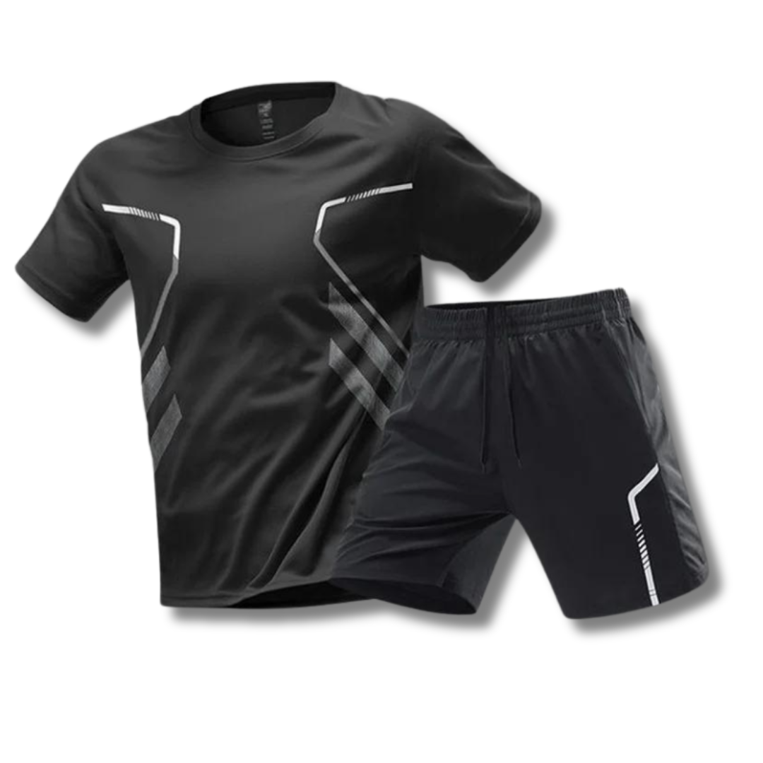 NOUVEAU RICHE Sport Set Herren – Atmungsaktives Trainingsset mit T-Shirt & Shorts, schnelltrocknend, 6 Farben, M–5XL – Hommes Schwarz
