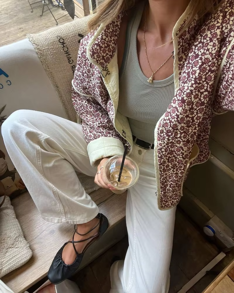 NOUVEAU RICHE Damen Stepp Übergangsjacke Mit Femininem Blumenmuster Kurz Braun