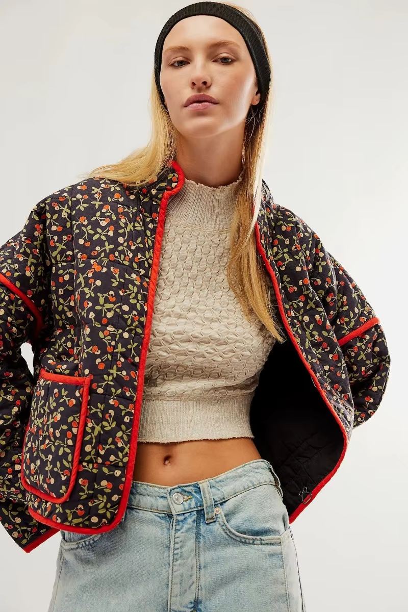 NOUVEAU RICHE Damen Stepp Übergangsjacke Mit Femininem Blumenmuster Kurz Schwarz