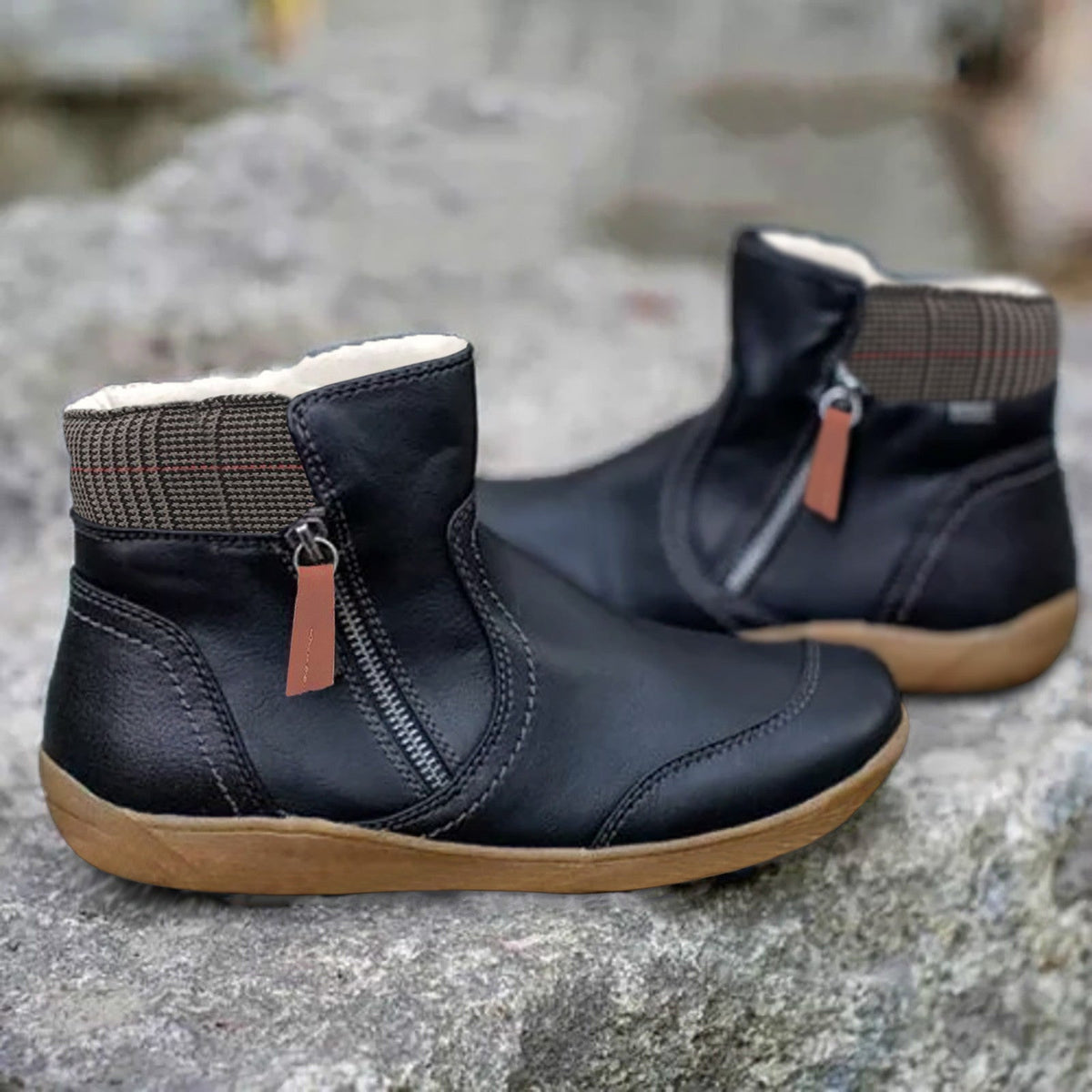 NOUVEAU RICHE Damen Stiefeletten wasserabweisend – Ankle Boots mit seitlichem Reissverschluss & rutschhemmendem Profil, 5 Farben, Gr. 34–44 – Luna Schwarz
