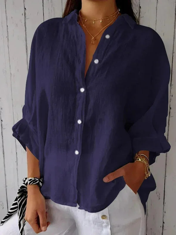 NOUVEAU RICHE Stilvolle Leinenbluse Damen Mit V Ausschnitt Und Schleife Marineblau