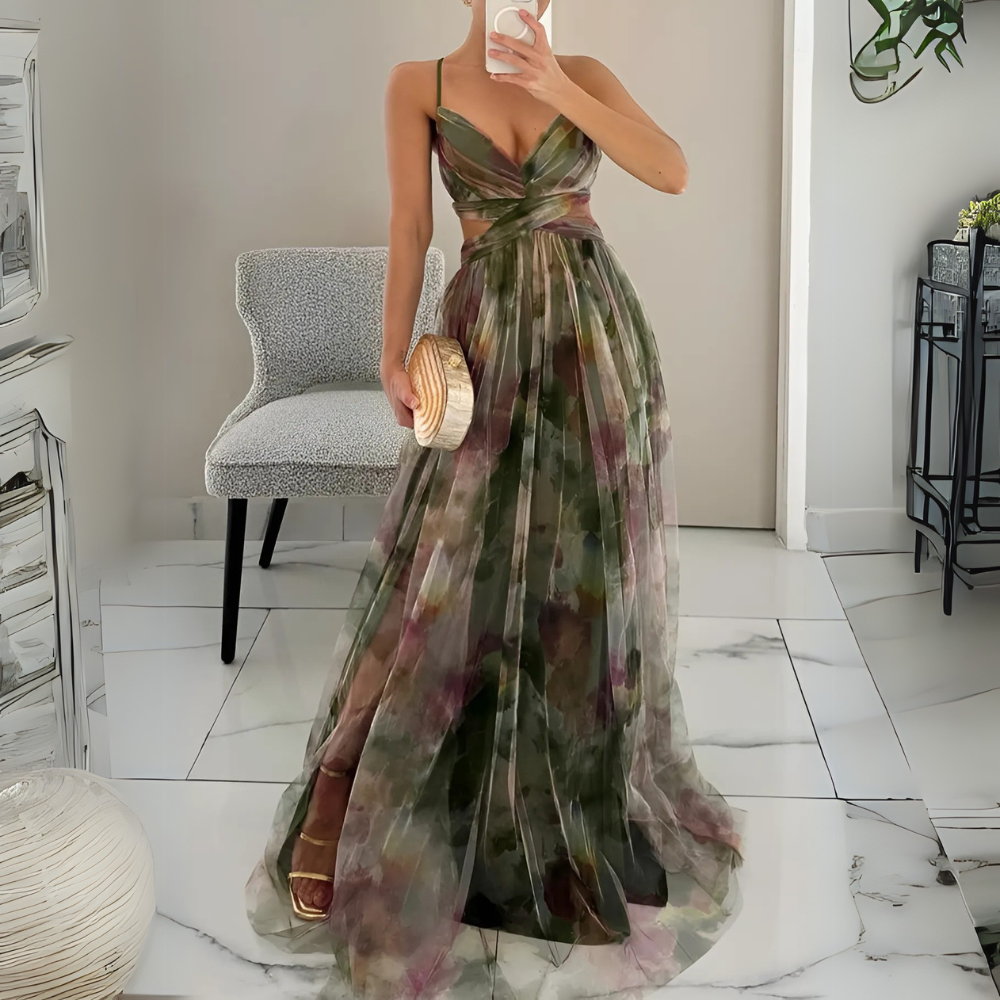 NOUVEAU RICHE Stilvolles Luftiges Hochzeitsgast Maxikleid Mesh Für Damen Grün