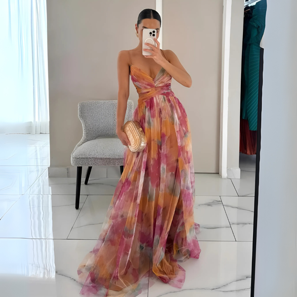NOUVEAU RICHE Stilvolles Luftiges Hochzeitsgast Maxikleid Mesh Für Damen Orange