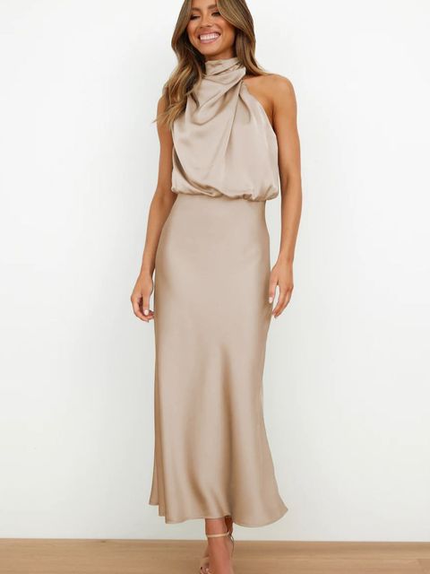 NOUVEAU RICHE Stilvolles Seidensatin Cocktailkleid Schulterfrei Elegant Khaki