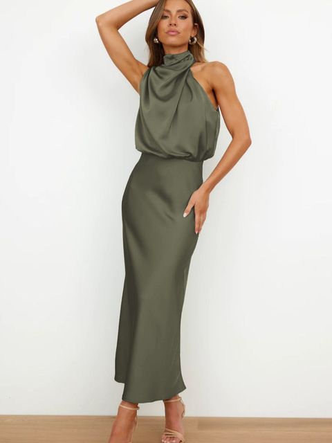 NOUVEAU RICHE Stilvolles Seidensatin Cocktailkleid Schulterfrei Elegant Grün